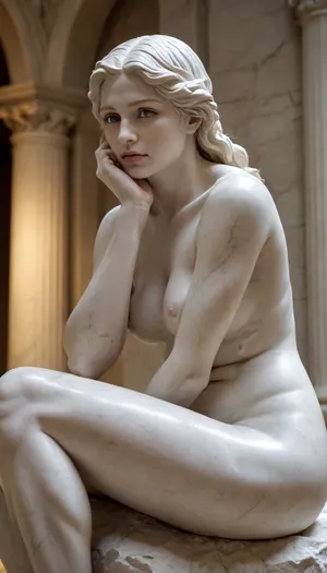 white marble statue, woman, white eyes, white plaster texture, sitting on stone, the thinker, hand under chin, elbow on knee, soft lighting, masterpiece, extreme detail, HD, statue, sculpture, indoor, low contrast, in the style of MarbleStatueXL, <lora:MarbleStatueXL:.75>