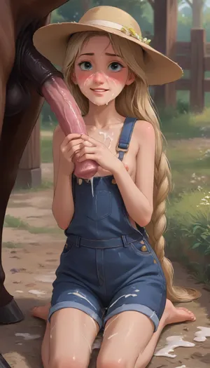 Young Rapunzel, beautiful 18 year old, blonde, long hair, strong blush, smile, Barefoot tiny breast, small breasts, flat chest, (naked farmer), (wear sun hat), (denim overalls), On my knees under horse, cumming, cum splash everywhere, (grab cock), (1horse cock), (milking handjob), (huge cum load), cumming in face, cum string, cum splatter, cum spray, massive load, cum on face, cum on chest, zoophilia, bestiality, (j_cartoon:1.5), cowboy shot, (shiny skin:1.2), [wet with oil], 0.3, <lora:Animated_Concept:.3>, <lora:NEOTOKIOXL_0.2_RC:.8>, <lora:outline_xl_kohaku_delta_spv5x:.8>