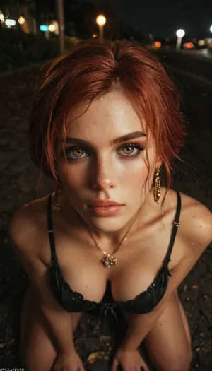 Famous pornstar Triss Merigold, small round ass, watching at you, score_9, score_8_up, score_7_up, score_6_up, beautiful face, perfect makeup, kneeling top down view, looking up, at night, night, midnight, darkness, shadows, (amateur photo, snapshot aesthetic:1.4), ziprealism, <lora:Movie_aesthetic_XL:.8>, <lora:MJ52:.8>