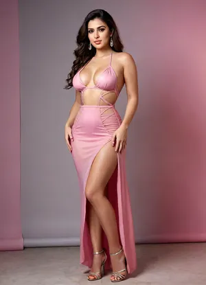 full body image, Persian Girl, curvy girl, busty girl, big cleavage, with modern jewelry, in geometric design sheer pink cutout Maxi Dress, in a Modern porn studio, pose like slut, front view, sexy pose, sexy curves, sexy high heels. side view pose, full body image., underb00bhalter, bikini, swimsuit, underboob, <lora:triangle-bikini-XL-000006:.8>