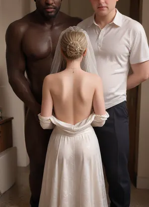 Swedish chubby milf, ((huge black African brute)), (scared:1.2), (white groom undressing bride:1.5), (white groom:1.5), wedding dress, blonde, interracial, short slim chubby woman, beautiful detailed face. cheating wife, full body, close view, bedroom, naked African brute, (cuckold undresses her from behind:1.3), tall man short woman, Low-key, lighting, Style, dim, low, dramatic, partially, covered, in, shadow, warm, light, style, perfect, blemish, detailed, (with, blushing, cheeks:1), photo, portrait, <lora:MS_Real_XL_Bukkake:.3>, <lora:polyhedron_all_sdxl-000004:.8>, <lora:real-humans-PublicPrompts:.8>
