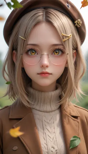 close up, masterpiece, best quality, bokeh, cute, 1girl, solo, beret, hair clip, beige hair, round eyewear, brown jacket, turtleneck sweater, upper body, looking at viewer, yellow eyes, closed mouth, leaf, white background, plant, <lora:negativeXL_D:.5>