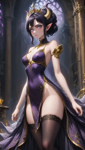 1 beautiful elf noble woman posing in the darkness, ((purple moonlight)), (older looking:2), long pointy ears, (dark black shadow style:2.2), ((gold shoulders)), ((golden elven tiara with 2 large horns)), ((purple veils)), wide angle, front view, (evil expression:1.3), small head, black hair, ((hair in a bun)), pale skin, (black stockings:1.2), (black and purple armored dress with gold trim), (fully clothed), white eyes, (petite body:1.8), medium breasts, bubble butt, thin petite legs, (perfect face), (perfect small eyes), elegant elven castle at night, sam, yang, <lora:MJ52:2>