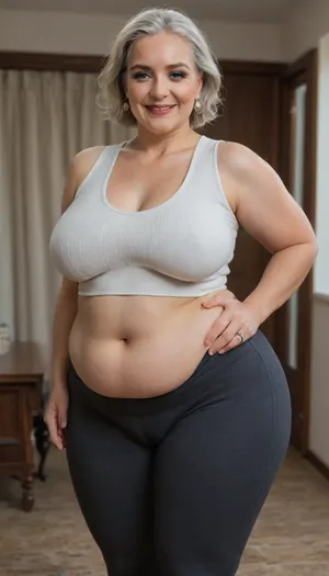 Fat Mature woman, (obese:1.3), (gilf:1.3), curvy 60yo housewife with chestnut and grey layered haircut dancing in night club, blue eyes, in highwaist yoga pants, in sleeveless lowcut white knitted sweater, with a glass of champagne in her left hand, mother's kind face, unfocused gaze, smile, looking at viewer, stands, view in front, shot in front, (pleasure:1.1), (bright makeup:1.3), (snub nose:.3), wearing a ring on her left hand ring finger, (cameltoe), (saggy), big hips, (pokies), (braless), (fupa)