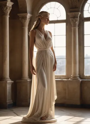 ((A beautifully crafted marble sculpture of a goddess)), classical style, ((with a soft and flowing tunic)), set within a warm, sunlit room. The sculpture showcases exquisite artistry, with smooth, flowing lines and realistic anatomical details, capturing the intricacies of the human form. It features long hair cascading down the back, elegantly poised limbs, and masterful use of light and shadow that gives the figure a lifelike and dynamic presence. In the background, large arched windows offer a glimpse of a blurred urban landscape outside. The setting is reminiscent of a classical art studio or gallery, where art and natural light coexist, enhancing the beauty and serenity of the scene.