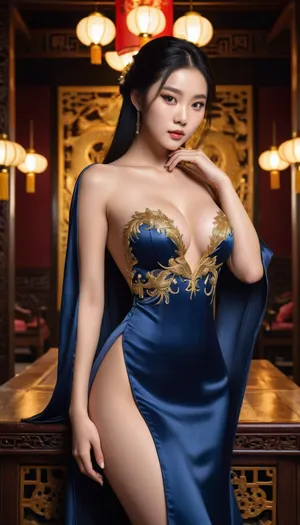 Photorealistic image, Iyoung Chinese woman, about 18-20 years old, with high, massive breasts, a toned waist and long legs, her smooth, shiny black hair as long as her waist, stands before them. She is wearing a dark blue satin dress with a gold embroidered dragon, traditional Chinese style, but with a huge diamond-shaped neckline leaving the insides of her breasts exposed, the sides slit to her waist, and the length barely covering her ass, only one image, super detailed photorealistic image, the whole body in the frame, 8K quality.