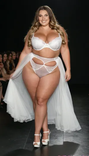 mature old 45 years old, lingerie plus size model, very fat, curvy bbw, glamour, walking at the fashion week, high heels, smile, very sexy high waisted bride white lingerie, full body view, dark blonde, long wave hair, huge culottes, bride costume