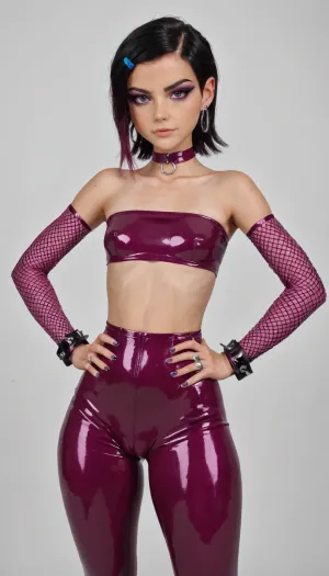 (Gwen Tennyson from Ben 10), black hair, goth perfect makeup, innocent face, (tanned), serious expression, Small perfect tits, perfect small breasts, (Thick thighs:1), Magenta latex tube top, magenta latex pants, fishnet sleeves, magenta choker with silver ring, magenta wrist cuffs, edgy and provocative style, Cameltoe, tight clothes, Hands on waist front view, (3/4th body view), (white neutral background:1), UhD, 8k, extremely detailed, absurdres, perfecteyes, <lora:add-detail-xl:.8>