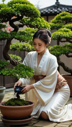 Photorealistic image, Ibeautiful Japanese woman, 25 years old, giant massive very sagging breasts, traditional Japanese hair and makeup, kneeling, luxurious white silk kimono open, exposing breasts, ((watering a potted bonsai tree in a blooming garden)), . only one image, super detailed photorealistic image, the whole body in the frame, 8K quality.