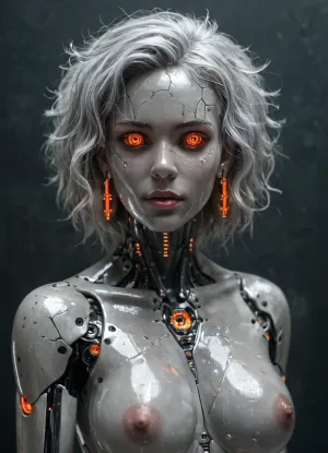 Brunetka 25 lat, nude, silver skin, style haime sorayama art, woman-cyborg, metal skin, cyborg woman, steel skin, FastNegativeV2, BadDream, Perfect face, translucent, transparent, <lora:sdxl_glass:.8>