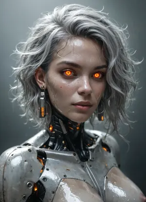 Brunetka 25 lat, nude, silver skin, style haime sorayama art, woman-cyborg, metal skin, cyborg woman, steel skin, FastNegativeV2, BadDream, Perfect face, translucent, transparent, <lora:sdxl_glass:.8>