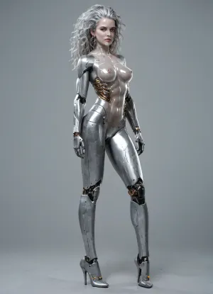 Brunetka 25 lat, nude, silver skin, style haime sorayama art, woman-cyborg, metal skin, cyborg woman, steel skin, FastNegativeV2, BadDream, Perfect face, translucent, transparent, full body, <lora:sdxl_glass:.8>