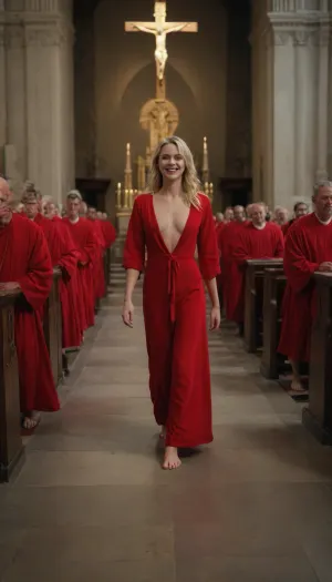 A slim, smiling, naked, barefoot, blonde woman with a red gown open at the front walks past numerous barefoot men in red robes to the sacrificial stone in the middle of a church in front of the altar.