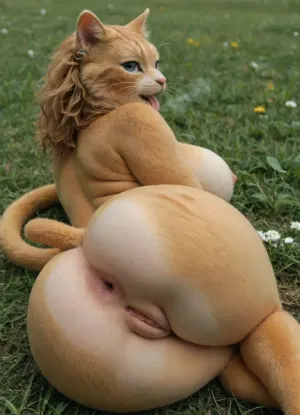 Cat, cat face, yellow furry, look up, open mouth, tongue out, heavy breath, animalcrossing, big breast, furry, large ass, seductive pose, field, hairy pussy, spread asshole, on sideway, from behind, view from above