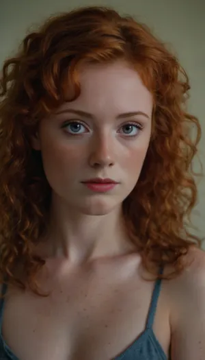 20 year old ginger girl, lots of freckles, light red hair, very curly hair, mullet, small upturned nose, thin lips, big eyes, skinny body, lanky body, thin, no bra, pointy nipples, pokey, magazine cover, 80s