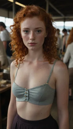 20 year old ginger girl, lots of freckles, light red hair, very curly hair, mullet, small upturned nose, thin lips, big eyes, skinny body, lanky body, thin, no bra, pointy nipples, pokey, period appropriate clothing from colonial new england, at a busy flea market