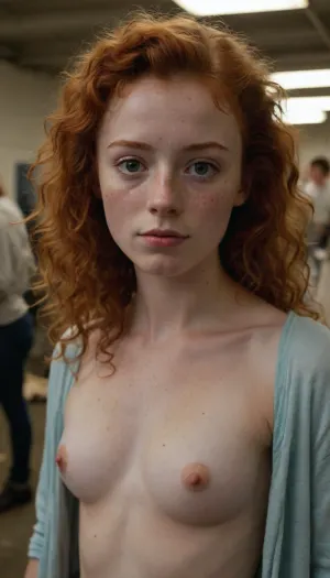 20 year old ginger girl, lots of freckles, light red hair, very curly hair, mullet, small upturned nose, thin lips, big eyes, skinny body, lanky body, thin, no bra, pointy nipples, pokey, period appropriate clothing from colonial new england, at a busy flea market, amateur selfie, young girl, freckles everywhere, tight and firm, 18 years old girl, very slim girl, messy hair, Best quality, realistic, slim waist, nice perky tits, Looking at the camera, fresh face, shy look, hairy cunt, pale, very petite girl, very detailed, <lora:eGirls_XL_v1:.5>