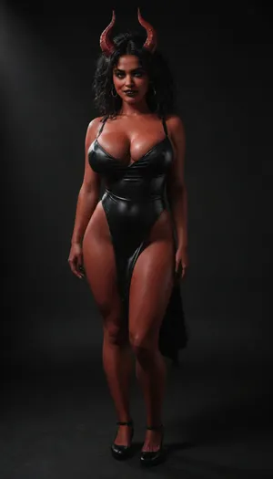 demon girl smiling, full body, (Huge breast), Milkers, straight demon horns, slutty clothes, revealing, emo and goth accessories, (thick hips), black hair, (red skin), Wide hips, makeup, thick eyebrows, eyeshadow, lips, simple abstract background, concept, art, by, syd, mead, retro, futuristic, flat, colors, Perfect Hands, large, breasts, big, boobs, huge, tits, photorealistic, masterpiece, ultra detailed face, hdr, <lora:580159_training_data:1.4>, <lora:dark:.5>