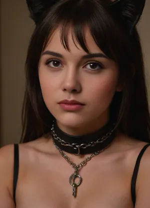 (((girl 18 years old))), (((very young body))), long dark hair, bangs. natural black cat ears., (((very pretty face))), . metal collar on neck, shackles. bare shoulders. half-turned portrait, face, girlish breasts, suffering facial expression, slave_restraints, outfit, <lora:slave_restraints:.2>