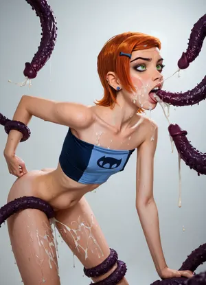 ((young adult girl 18 year old, Gwen Tennyson fucked in ass side front view in cum lair)), (after bukkake:1.4), ((flat chest)), bent over roughly by force, fighting of tentacles, legs pulled by multiple beast clawed spiked barbed tentacles, raped by large barbed spiked clawed tentacle monsters, ginger hair, red lipstick, spiked choker, ((extremely skinny)), torn tight wet crop top, one breast falling out, ((a gigantic clawed spiked barbed tentacle monster is aggressively fucking her from behind and holding her with spiked clawed barbed tentacles in a cum pit lair)), (triple penetration), (detail coiled stomach bulge), ((detail tentacle fucking her mouth)), tongue out, ((extremely intense lust facial expression)), ((anxious)), side view, wet, eyeliner, emo, makeup, goth, gwen, tennyson, (/Ben10), /, (ultra, HD, quality, details), bright, orange, hair, short, (green, eyes), <lora:Gwen Tennyson (Ben10) - XL SCXL V1.0:.8>