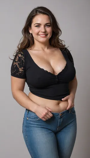 This image features a mature plus-size woman, (obese:1.3), 60 years old, (gilf:1), standing against a plain, light background. She has a warm smile, showing her teeth, and her lips are painted a reddish-pink shade. Her eyes are a light blue, and they twinkle slightly as she looks directly at the camera. She has defined eyebrows and subtle makeup around her eyes. Facial wrinkles. Her long hair is a brunette with highlights, parted on the side, and it cascades over her shoulders. Her skin appears smooth and has a healthy glow.
She is wearing a lace bodysuit with delicate straps. Her chubby midsection is partially visible between the top and her blue jeans, which are unbuttoned at the top. The highwaist jeans are a dark wash denim, and she is holding the waist of the jeans with her left hand.
Her body figure is curvy and plump, consistent with plus-size clothing. She has a prominent bust, a rounded belly, and wide hips. Her arms are also full. The way she is holding her jeans suggests a candid moment, perhaps as if she is about to put them on or take them off. Cameltoe