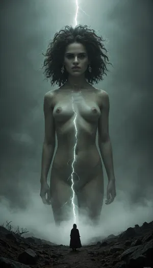 A haunting, cinematic photograph of the silhouette of a towering, serpent-haired figure, inspired by Medusa, emerges eerily from a thick, vibrant purple-green fog that swirls with misty tendrils. The ominous background is a dark, foreboding sky, illuminated by flashes of electric blue lightning that streak across the clouds, casting an unsettling, eerie glow. The atmosphere is tense and foreboding, with an air of menace lurking in the shadows. The snake-haired figure, shrouded in mystery, stands imposingly, its presence commanding attention, while the misty fog dancing around it adds an aura of mystique and ancient power.