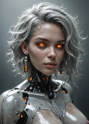 Brunetka 25 lat, nude, silver skin, style haime sorayama art, woman-cyborg, metal skin, cyborg woman, steel skin, FastNegativeV2, BadDream, Perfect face, translucent, transparent, <lora:sdxl_glass:.8>
