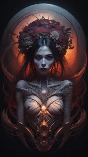 A Macabre and Surreal Illustration of a woman in light pastels depicts a skeletal muscles figure adorned with elaborate floral arrangements that blend elements of the Gothic and Symbolist art movements. Meticulously detailed. Strong contrast between the organic and inorganic. A somber and timeless atmosphere with a hint of nostalgia and history. The light source comes from the front and casts subtle shadows that enhance the three-dimensionality of the bones and flowers. The floral elements are rendered with great attention to detail, their soft petals contrasting with the sharp, angular lines of the skeleton. The flowers add a romantic touch to the work. The texture is smooth with delicate, precise lines and a polished finish. Masterful blend of horror and beauty. Provokes reflection on the transience of life and the inevitability of death. romantic sunset, red, smoke, colorful and vibrant, mystical colors, iridescent perspective view, sweeping circling composition, non-representational, colors and shapes, expression of feelings, imaginative, long shadows, dreamy mood, detailed photo, photorealistic photo, realistic pretty women photo, realistic, night vision, soft fokus, parallax, overexposure, photo style, she kneels, cinematic, filmic, scribbled lines, surrender, polychromatic, diffuse, #©KITTYART