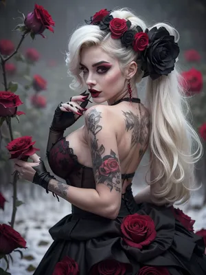 A realistic, head to toe photo a fit, thin, perfect body, very pale female standing in a field of black with red roses. She has black with red and white make up with black lipstick and highly detailed, gothic tattoos on her arms, legs, and back. She has neon red with white, long, pigtailed hair. She is wearing a lace, see through, black with red designs, form fitting gown. She is holding one of the roses up by her nose smelling it. The flowers are mixed red and black together. The rain is falling and overcast skies make the photo give a sad vibe. The photo is in 8K, extremely detailed, and highest quality masterpiece.
