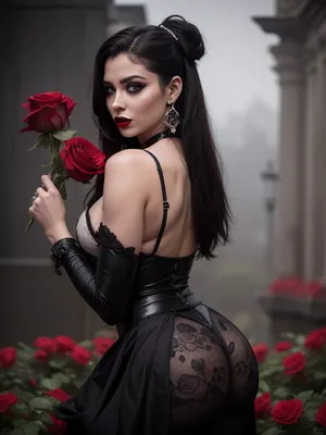 A realistic, head to toe photo a fit, thin, perfect body, very pale female standing in a field of black with red roses. She has black with red and white make up with black lipstick and highly detailed, gothic tattoos on her arms, legs, and back. She has neon red with white, long, pigtailed hair. She is wearing a lace, see through, black with red designs, form fitting gown. She is holding one of the roses up by her nose smelling it. The flowers are mixed red and black together. The rain is falling and overcast skies make the photo give a sad vibe. The photo is in 8K, extremely detailed, and highest quality masterpiece., 1girl, solo, medium, breasts, looking, at, viewer, realistic, photorealistic, brown, hair, eyes, lips, mole, earrings, jewelry, <lora:ka_yan:.1>