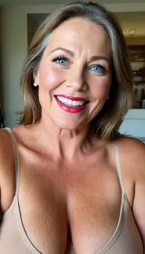 woman, GORGEOUS 60 YR OLD BRUNETTE with lighter highlights, Blue EYES, plump lips, full lips, lips parted, smile, wrinkles, droopy saggy tits, puffy, nipples, dark, ghost, wide, stretch, marks, <lora:Nipples XL:.8>, <lora:stretch_marks:.8>