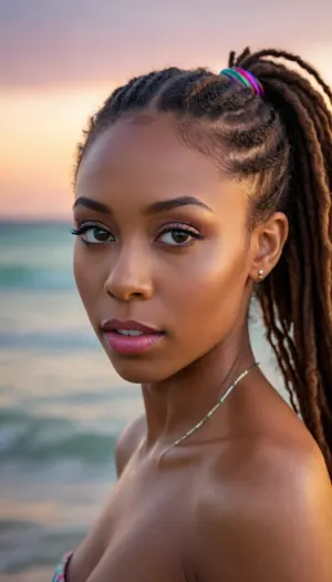 A beautiful, slender Jamaican woman, pretty coquettish face, large beautiful crystal eyes, light glowing irises, heartshaped lips, lip gloss, Colorful long dreadlocks, jamaican colors, (high pony tail), She is in the ocean, high waves, sunset, looks at viewer, night vision, soft focus