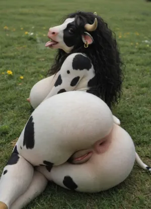 Cow, cow face, black and white furry, look up, open mouth, tongue out, heavy breath, animalcrossing, big breast, furry, large ass, seductive pose, field, hairy pussy, spread asshole, on sideway, from behind, view from above