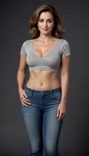 This striking full-body portrait, meticulously presents a mature Armenian woman estimated to be around 60 years of age. Her presence dominates the frame against a stark and unassuming plain black backdrop, ensuring all attention is directed towards her.
Her face is a compelling focal point, showcasing soft, mature features. Her skin appears remarkably smooth for her age, possessing a natural, even complexion that hints at a life well-lived. There are subtle suggestions of maturity around her striking light green eyes, which are the windows to a confident and knowing gaze directed straight at the viewer. Her facial expression is inviting, marked by a gentle and authentic smile that subtly lifts her big, plump, and juicy lips. The contours of her face are soft, lacking harsh lines, contributing to her approachable demeanor.
Framing her face is her long, light brown hair, which cascades over her shoulders with a natural wave. Interspersed within the light brown are distinct and visible streaks of gray, unequivocally signaling her mature age and adding a touch of distinguished elegance to her appearance. Her hair is styled with a simple part slightly to her right, allowing it to fall naturally and frame her face softly.
Her body speaks to a full and experienced life, characterized by a plump and curvaceous figure, leaning towards an obese body type. Her mature physique is evident in several key areas, wide hips that suggest a feminine silhouette, a noticeable fupa, which is a roll of fat in the upper pubic area, a chubby pelvis, and a plump waist, all contributing to her substantial and womanly form. Her breasts are presented in a realistic manner, appearing saggy due to age and gravity, and are estimated to be a size 38DD. The thin fabric of her t-shirt allows for the distinct outline of her nipples to be visible, indicating the absence of a bra and adding to the naturalism of the portrayal.
She is comfortably dressed in a form-fitting, short-sleeved v-neck t-shirt in a solid, medium heather gray color. The fabric appears to be a thin cotton material, which subtly clings to her curves, further emphasizing her plump figure. The v-neck cut is notably deep, drawing the viewer's eye to her décolletage, a classic area of mature feminine allure. Below the hem of the t-shirt, the top portion of what seems to be high-waisted blue jeans or denim pants is visible, suggesting a casual yet comfortable style. A dark belt cinches her waist, providing a slight definition to her ample midsection.
Her hands are positioned near her waist, conveying a relaxed and natural posture. On her left hand ring finger, she wears a prominent wedding ring featuring a big, sparkling diamond, a subtle detail hinting at a long-term commitment and personal history. Upon closer inspection, her perfectly shaped hands reveal an interesting detail, some colorful marks are visible on her fingertips