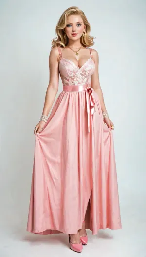 Francine Lee Smith from American step dad, blonde, blue eyes, pink dress with white lace and pink straps, gold locket necklace with a large gold pendant, pink high-heeled shoes and a massive white ring on her left wrist., full body view