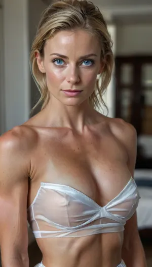 photorealistic milf girl, entire body including feet photo of an 44-year-old Russian-swedish woman in 8K HDR format, at a party, (blue eyes), mohawk updo hair, strict sharp chiseled narrow face, sharp nose, sharp very high cheek bones, sharp chiseled jawline, prominent long narrow nose, very dark tanned sunkissed skin, ((wrinkles around eyes)), (seductive face), very slim and tall, athletic skinny, chiseled lean muscle body of a professional ballarina, in white, (slightly translucent:.9), in a transparent, translucent, extreme short white shirt, on the chest, Transparent, Dress, ((natural pointy breasts)), barefoot, side view, uberfit, muscular, athletic, sarahmurdoch, <lora:uberfit_lora_sdxl:.1>, <lora:sarahmurdoch_xl_lora:1.8>, <lora:style_lora_realis:.7>