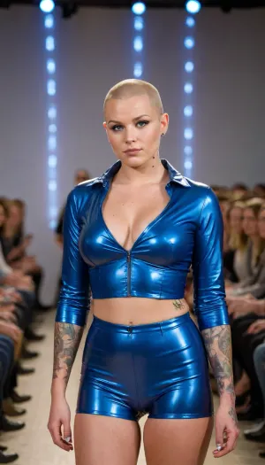 chubby tattooed 22yo swedish woman, ((with shaved head)), ((glossy blue pvc blouse with lapels)), ((full frontal nude, full body)), freckles, numerous tattoos on arms and breasts and neck and legs, tattooed all over, large tattoos, black rubber boots, flat-chested, tiny breasts, small tits, on a catwalk, watched by elegantly clothed people sitting in the audience, <lora:PostApocalyptic_Chernobyl_v3:.8>