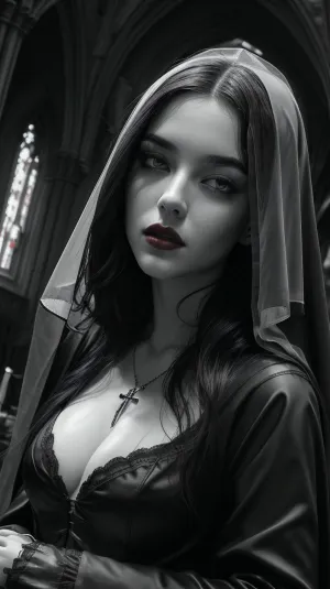 ---

🎨 AI prompt, (EN), – "Her Crimson Lips in Monochrome"

Prompt, A black-and-white gothic cathedral in ruins, a beautiful woman sitting on a cracked stone throne. She wears a torn black nun's robe, exposing her bare chest in soft grayscale. Her entire body and the environment are in detailed black and white, except for one element, her lips. Her lips are vivid crimson red — glossy, full, wet, slightly parted. The red lips are the only color in the image. Emphasize intense contrast between grayscale and the lips. The woman is calm, seductive, with a serene and powerful gaze. Her presence is dominant. Background includes broken stained glass, ash, and faint candlelight.




---

🔥 Klíčové instrukce, Everything is grayscale – the skin, the throne, the background, the clothing, shadows.

Only the lips are colored – bright, wet crimson red, (not matte, but reflective), .

The lips must draw all attention – as if the rest of the world exists only to frame them.

Mood, Sacred and sinful, powerful and tempting.

Style, Cinematic, high contrast, dramatic shadows, textured environment, (gothic ruin), .



---