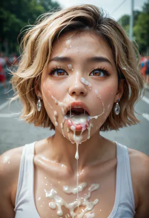 Cute 18yo Asian girl with short blonde hair and brown eyes gets a massive cumblast in her face, her whole face is covered in cum, cum is running out of her mouth, cum is also in her hair and her eyes, a lot of cum