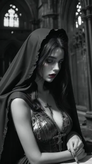 ---

🎨 AI prompt, (EN), – "Her Crimson Lips in Monochrome"

Prompt, A black-and-white gothic cathedral in ruins, a beautiful woman sitting on a cracked stone throne. She wears a torn black nun's robe, exposing her bare chest in soft grayscale. Her entire body and the environment are in detailed black and white, except for one element, her lips. Her lips are vivid crimson red — glossy, full, wet, slightly parted. The red lips are the only color in the image. Emphasize intense contrast between grayscale and the lips. The woman is calm, seductive, with a serene and powerful gaze. Her presence is dominant. Background includes broken stained glass, ash, and faint candlelight.




---

🔥 Klíčové instrukce, Everything is grayscale – the skin, the throne, the background, the clothing, shadows.

Only the lips are colored – bright, wet crimson red, (not matte, but reflective), .

The lips must draw all attention – as if the rest of the world exists only to frame them.

Mood, Sacred and sinful, powerful and tempting.

Style, Cinematic, high contrast, dramatic shadows, textured environment, (gothic ruin), .



---