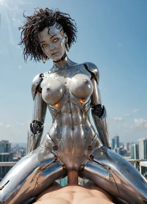 Brunetka 25 lat, nude, silver skin, style haime sorayama art, woman-cyborg, metal skin, cyborg woman, steel skin, FastNegativeV2, BadDream, Perfect face, translucent, transparent, full body, sci-fi, cowgirl sex, pov, cock in pussy, alien city, sky city, SyFyEye1, <lora:sdxl_glass:1.1>, <lora:SyFyEye1_XL_v1.0:1.4>