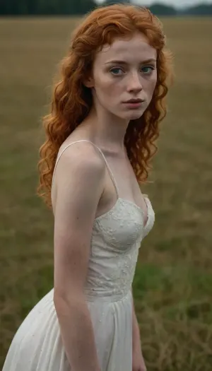 20 year old ginger girl, lots of freckles, light red hair, very curly hair, mullet, small upturned nose, thin lips, big eyes, skinny body, lanky body, thin, young girl, tight and firm, 18 years old girl, very slim girl, messy hair, Best quality, realistic, slim waist, Looking at the camera, fresh face, shy look, pale, very petite girl, very detailed, (((full body))), beautiful wedding dress, professional wedding photographer, gorgeous image, full length image, in the distance, in a field, exposed breast, tit visible, pop a tit, ((slutty))