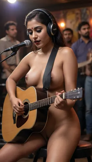 the curvy enormous boobs, puffy naked nipples, naked clean shaved puffy pussy Indian Bengali female musician is fully naked on a dark stage in a dark and crowded dive bar, her hair is in a ponytail, she's wearing dark black lipstick, she has a condescending facial expression, she's wearing high-heeled shoes, she has natural floppy breasts, she has a hairy pussy with natural pubic hair, she's sitting on a short stool and playing her acoustic guitar, performing for a small crowd, her large acoustic guitar covers parts of her beautiful body, full body, (((8K UHD, HDR, RAW photo, professional photography, realistic lighting, insane quality, extremely detailed, realism, masterpiece))), amateur photography, create perfect realistic guitar holding properly by her sitting among the crowd, the crowd is clapping, she is wearing a headphone with Microphone, playing a acoustic guitar properly