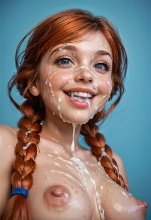 super close hot of bukkake, viewed from side and below, happy open smile, hd dark and detailed grey eyes and iris, ((ginger hair up in long twin braids)), cumshots, facial portrait picture of her face in cum facial, with natural minimal makeup, (looking at viewer), a lot of Cum on her face and between her perky saggy pointy breasts, huge perky puffy areola and nipples, cum on her eyelashes, Cum on her eyelids, Cum on her cheek skin, her face wet with Cum, Cum on her pink lips. cum in her hair, cum in mouth, woman, cum, on, face, (marinette, aged 37, older, 37yo), <lora:JustCum:2>, <lora:add-detail-xl:.1>