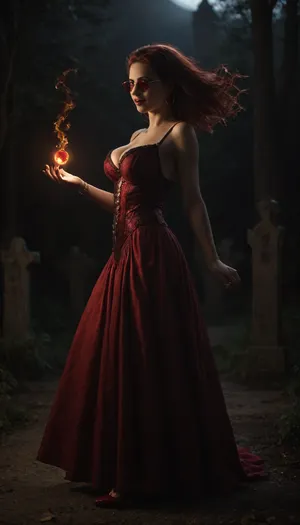 busty young Irish sorceress on a windy night in a cemetery on Halloween. She is dressed in ornate steampunk apparel, (long straight red hair), large bronze hoop earrings, red heels, red lips, red sunglasses, red long gown blowing in the wind, cleavage, pale skin. full body view, (a red glowing gem floating over her palm emitting bright magic energy), (a spell-book in the other hand), smiling, side view, looking at viewer, <lora:750873_training_data:2>, <lora:dark:.1>