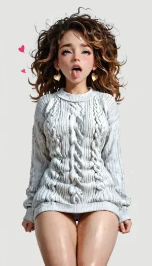 poppy, chestnut hair, messy hair, hair, cozy sweater, bare thighs, moaning, hearts, ahegao, orgasm, sweat, bounce lines
