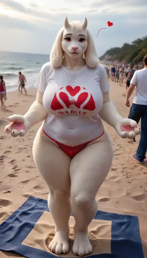 masterpiece, best quality, high resolution, hires, score_9, score_8_up, score_7_up, score_6_up, (((Toriel from Undertale:1))), (((anthro, furry, white fur, body fur, white skin, furry hands))), (((1girl))), (((milf:1.5))), tall anthropomorphic goat-woman, long floppy ears, small curved horns, soft smiling face, ((red cheeks:1.2)), (((hearts flying around woman's head:1.5))), gentle red eyes, (((wearing only an very tight panties and fishnet t-shirt))), motherly and shy expression, (((massive milky soft breasts:1))), (((saggy boobs:1))), (((wide curvy hips:1.3))), soft full figure, (((thick thighs:1.3))), hourglass shape, matronly and nurturing body, long gentle arms, standing pose, warm and inviting aura, warm colors, fantasy style, full body, high detail, cel-shaded, soft lighting, game character design, anime-inspired proportions, smooth clean linework, detailed fur, fursuit, (((front view))), ((public sand beach on background)), (((clubfoot:1.2))), (((lovely looks straight at the viewer))), (((takes off his shirt))), (((one boobie falls out of the bikini:1.5))), (((wet t-shirt:1.5))), (cellulite:1.2), (((beach towel:1.5))), <lora:FursuitXL:1.3>, <lora:SDXLHighDetail_v6-000005:1.5>