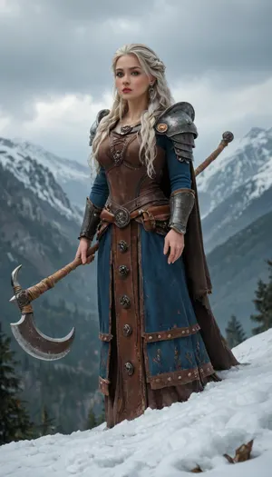 She stands tall and proud, her presence both awe-inspiring and dangerous. Her skin is pale as moonlit snow, kissed faintly by the cold winds of the northern wastes. Cascading down her back in wild, tangled waves is a mane of platinum-blonde hair, streaked with silvery tones like threads of ice. Her eyes are a piercing arctic blue—glacial, intelligent, and edged with the feral cunning of a huntress born to the frostbitten wilds.

Her beauty is raw and untamed, sculpted by hardship and war. High cheekbones, a strong jawline, and full lips give her a regal, almost ethereal quality, while the faint scars tracing her collarbone and ribs hint at countless battles survived. Muscled, her figure is that of a warrior goddess—broad-shouldered, with powerful legs, wearing fur and leather armor, and bone trophies taken from the beasts and men she's slain.

She wields a massive two-handed axe etched with ancient runes, its haft wrapped in direwolf hide. Around her neck hangs a talisman of an elder god, and her arms bear bronze armbands inscribed with symbols of forgotten tribes.

She moves like a predator—graceful, silent, coiled with explosive power. She is a storm wrapped in flesh, an iceborn flame burning through the dark age of Hyboria., (muscular), busty, realistic detailed face, realistic detailed hair, realistic detailed body, realistic detailed skin, realistic detailed breasts, realistic detailed pussy, random view angle, action pose, <lora:add-detail-xl:1.5>, <lora:style_lora_realis:.5>, detailxl, hkstyle, <lora:hkstyleV5:.8>