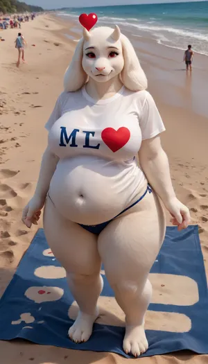 masterpiece, best quality, high resolution, hires, score_9, score_8_up, score_7_up, score_6_up, (((Toriel from Undertale:1))), (((anthro, furry, white fur, body fur, white skin, furry hands))), (((1girl))), (((milf:1.5))), tall anthropomorphic goat-woman, long floppy ears, small curved horns, soft smiling face, ((red cheeks:1.2)), (((hearts flying around woman's head:1.5))), gentle red eyes, (((wearing only an very tight panties and short transparent t-shirt))), motherly and shy expression, (((massive milky soft breasts:1))), (((saggy boobs:1))), (((wide curvy hips:1.3))), soft full figure, (((thick thighs:1.3))), hourglass shape, matronly and nurturing body, long gentle arms, standing pose, warm and inviting aura, warm colors, fantasy style, full body, high detail, cel-shaded, soft lighting, game character design, anime-inspired proportions, smooth clean linework, detailed fur, fursuit, (((front view))), ((public sand beach on background)), (((clubfoot:1.2))), (((lovely looks straight at the viewer))), (((takes off his shirt))), (((one boobie falls out of the bikini:1.5))), (((wet t-shirt:1.5))), (cellulite:1.2), (((beach towel:1.5))), (pregnant:1), <lora:FursuitXL:1.3>, <lora:SDXLHighDetail_v6-000005:1.5>