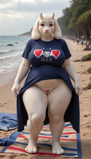 masterpiece, best quality, high resolution, hires, score_9, score_8_up, score_7_up, score_6_up, (((Toriel from Undertale:1))), (((anthro, furry, white fur, body fur, white skin, furry hands))), (((1girl))), (((milf:1.5))), tall anthropomorphic goat-woman, long floppy ears, small curved horns, soft smiling face, ((red cheeks:1.2)), (((hearts flying around woman's head:1.5))), gentle red eyes, (((wearing only an very tight panties and short transparent t-shirt))), (((nipples visible through clothes:1))), motherly and shy expression, (((massive milky soft breasts:1))), (((saggy boobs:1))), (((wide curvy hips:1.3))), soft full figure, (((thick thighs:1.3))), hourglass shape, matronly and nurturing body, long gentle arms, standing pose, warm and inviting aura, warm colors, fantasy style, full body, high detail, cel-shaded, soft lighting, game character design, anime-inspired proportions, smooth clean linework, detailed fur, fursuit, (((front view))), ((public sand beach on background)), (((clubfoot:1.2))), (((lovely looks straight at the viewer))), (((takes off his shirt))), (((one boobie falls out of the bikini:1.5))), (((wet t-shirt:1.5))), (cellulite:1.2), (((beach towel:1.5))), (pregnant:1), <lora:FursuitXL:1.3>, <lora:SDXLHighDetail_v6-000005:1.5>